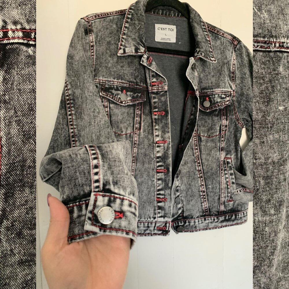 C'est Toi y2k vibes distressed grey denim jacket with pink stitching size L - Picture 3 of 7